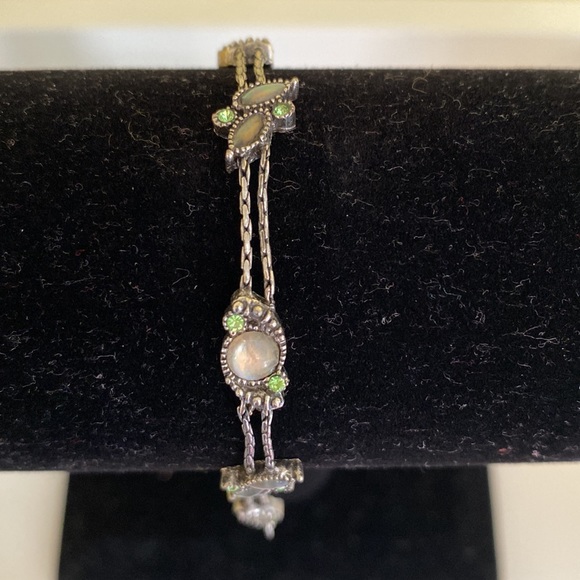 Handmade Silver Bracelet & Earrings Green & Opalescent oval round Gemstones Set - Picture 6 of 13